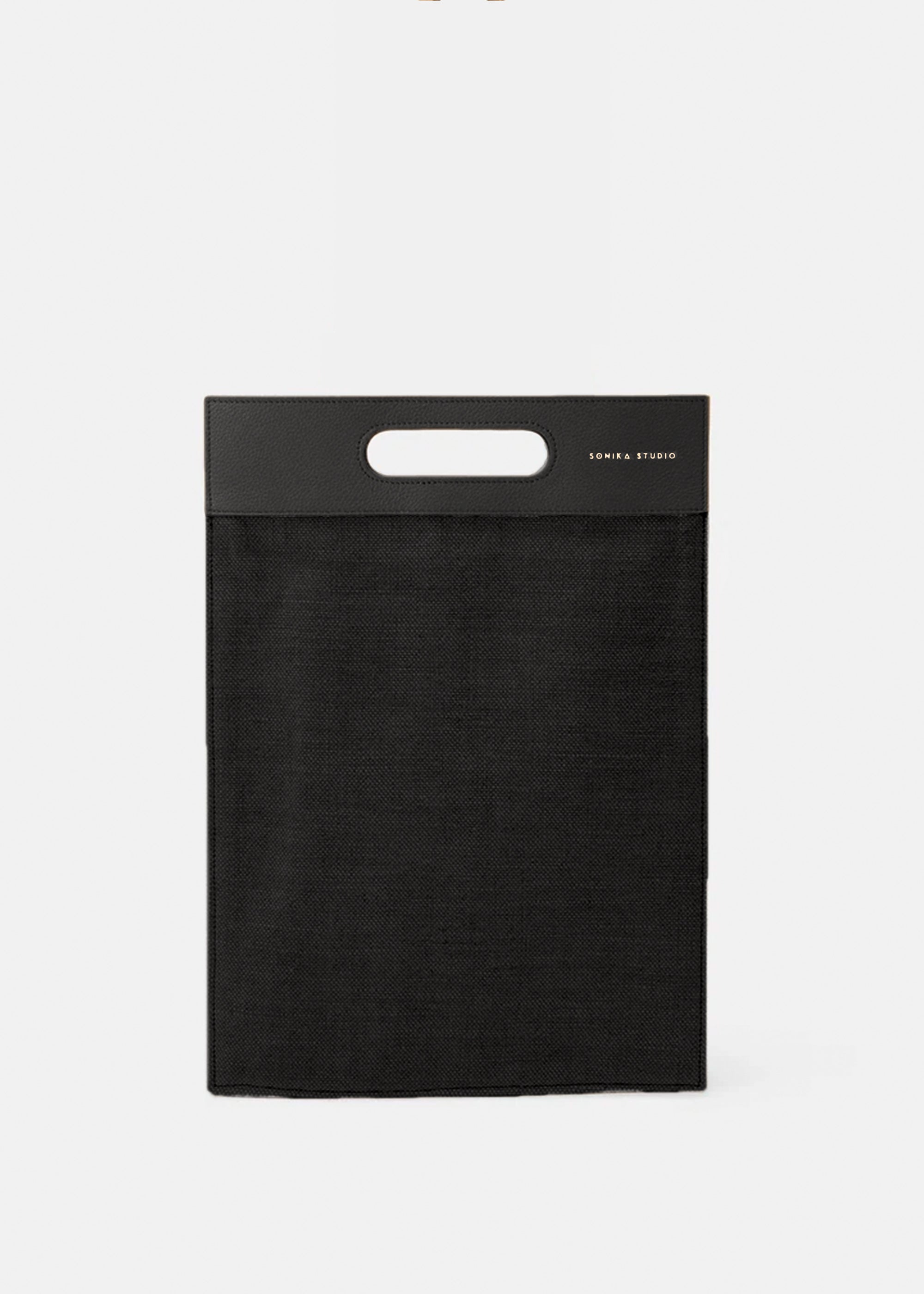 Flat Laptop Tote Bag Sarany - Black Upcycled linen